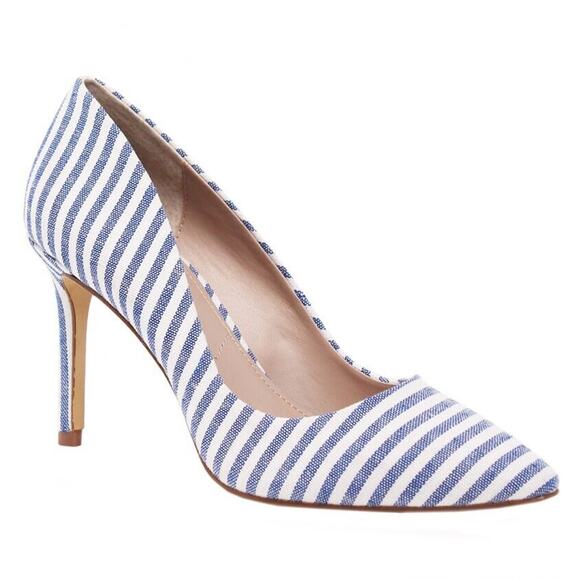 MERONA Pointed Toe Striped Heels Stiletto Pumps Casual Career Cocktail Blue 10 - Picture 1 of 8